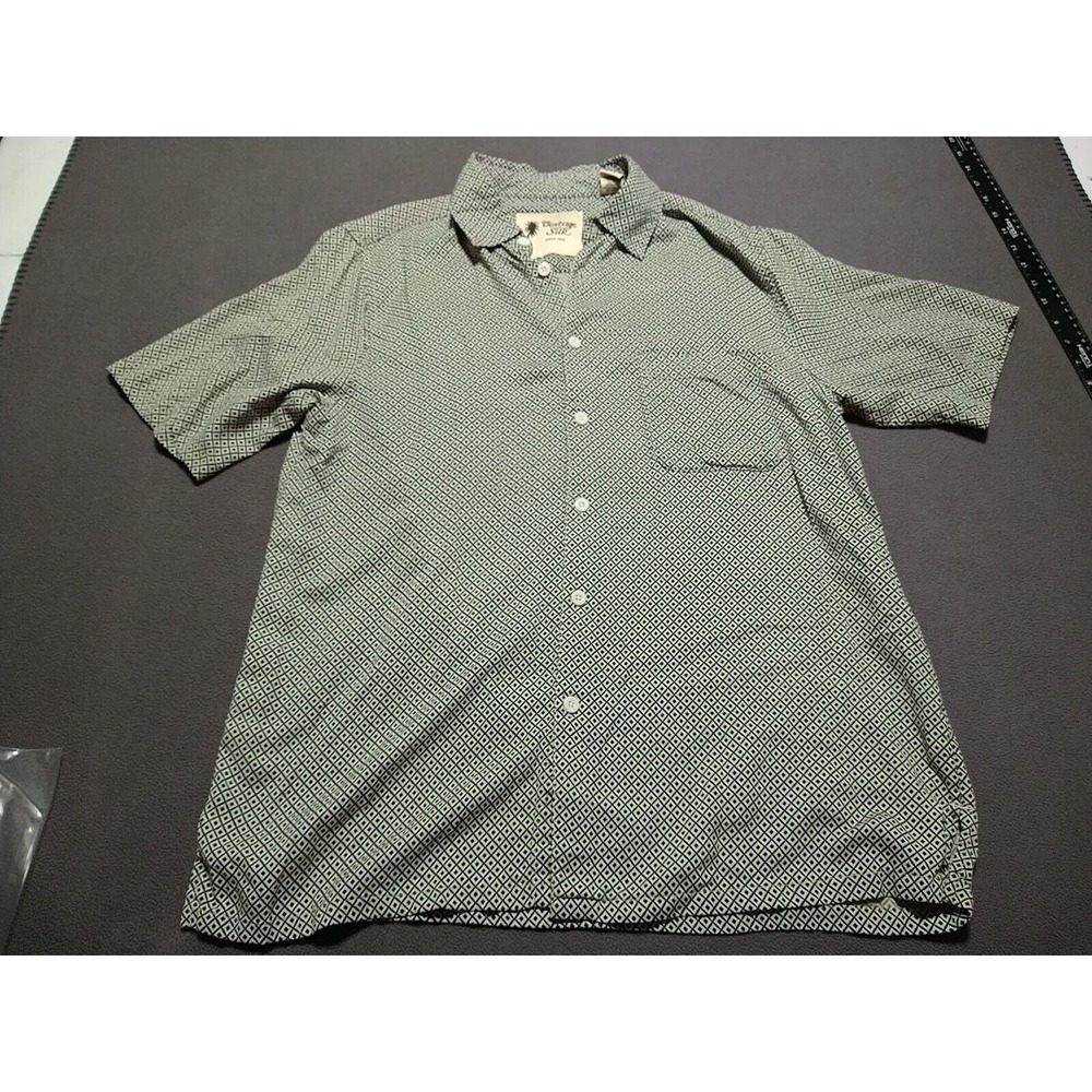 Vintage Silk Shirt Men L Black/Beige Diamond Short Sleeve Button Up Classic